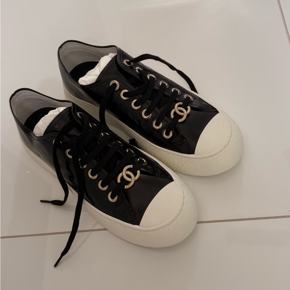 CHANEL Black Sneakers with White Sole and Gold Logo